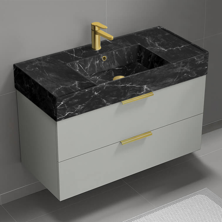 Nameeks DERIN909 40 Inch Bathroom Vanity With Black Marble Design Sink, Wall Mounted, Grey Mist